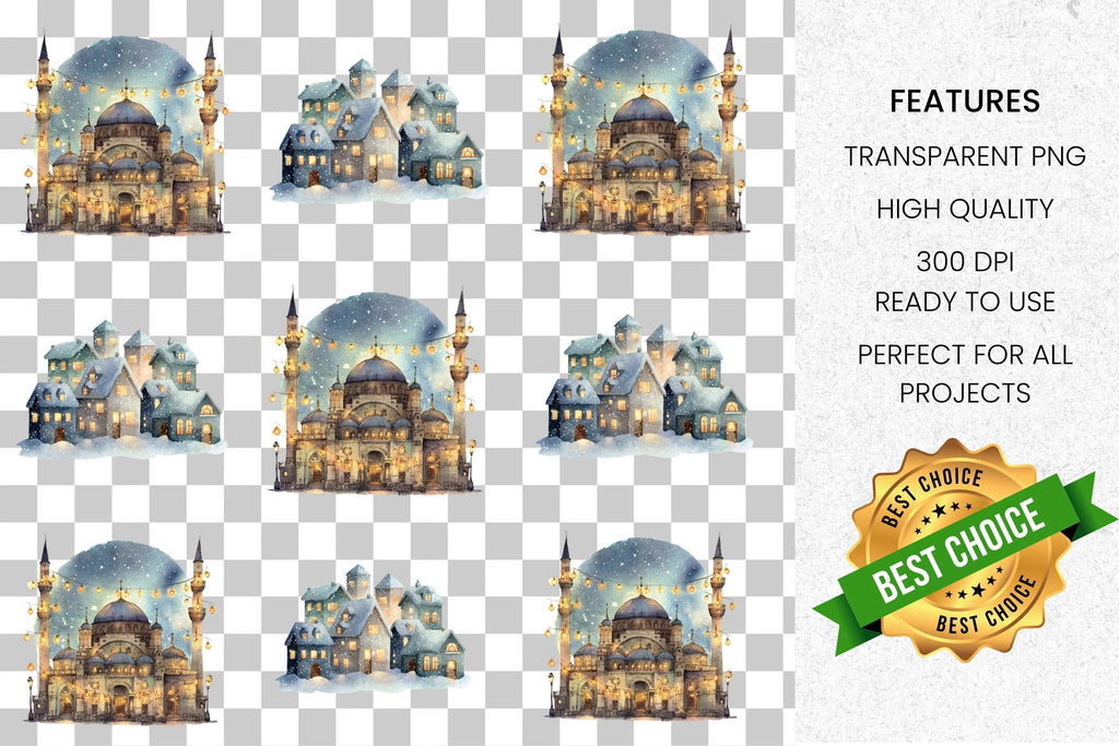 Winter Mosque and Snowy Village Clipart Bundle