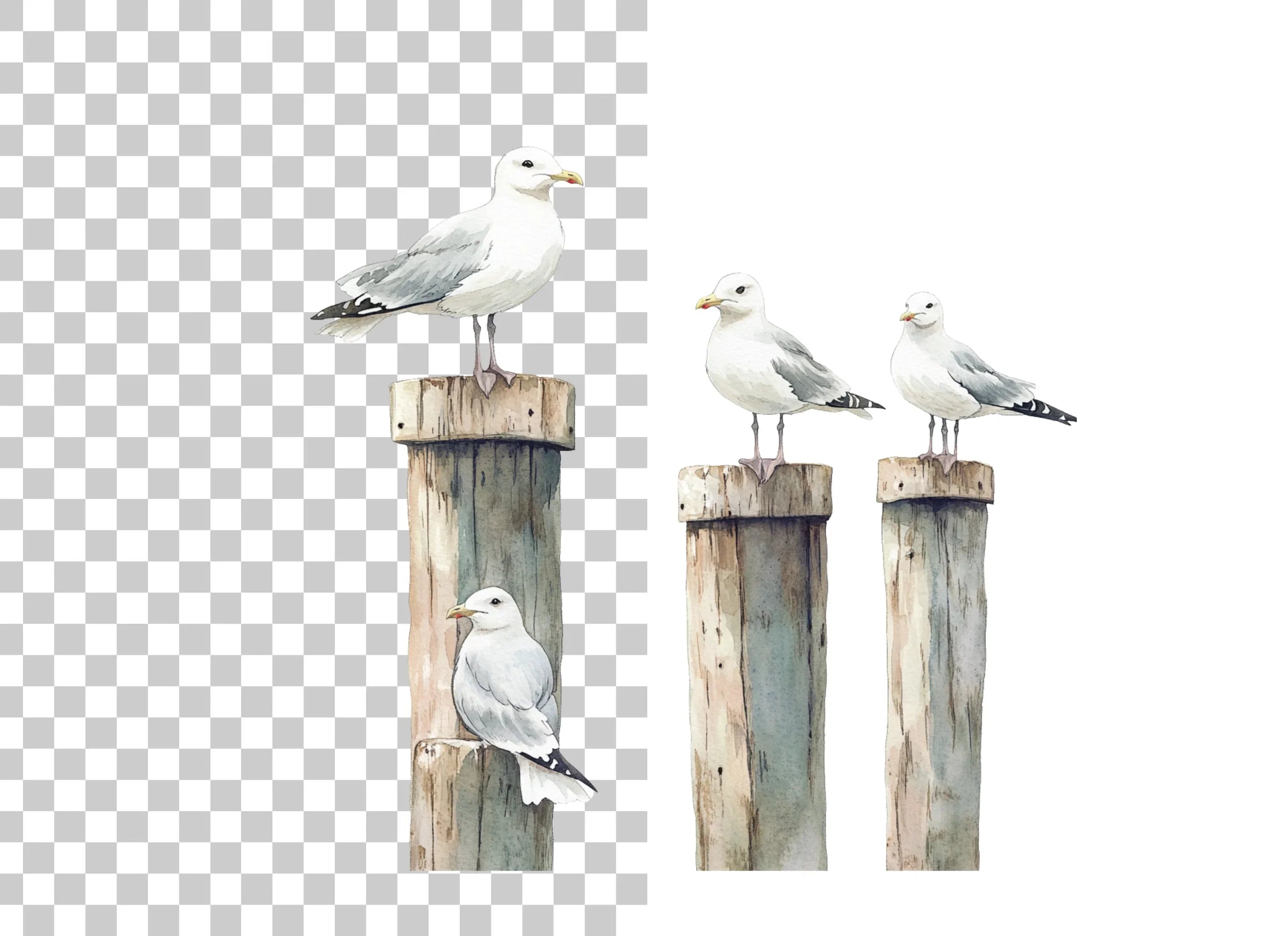 Seagulls on Pier Posts Clipart Bundle