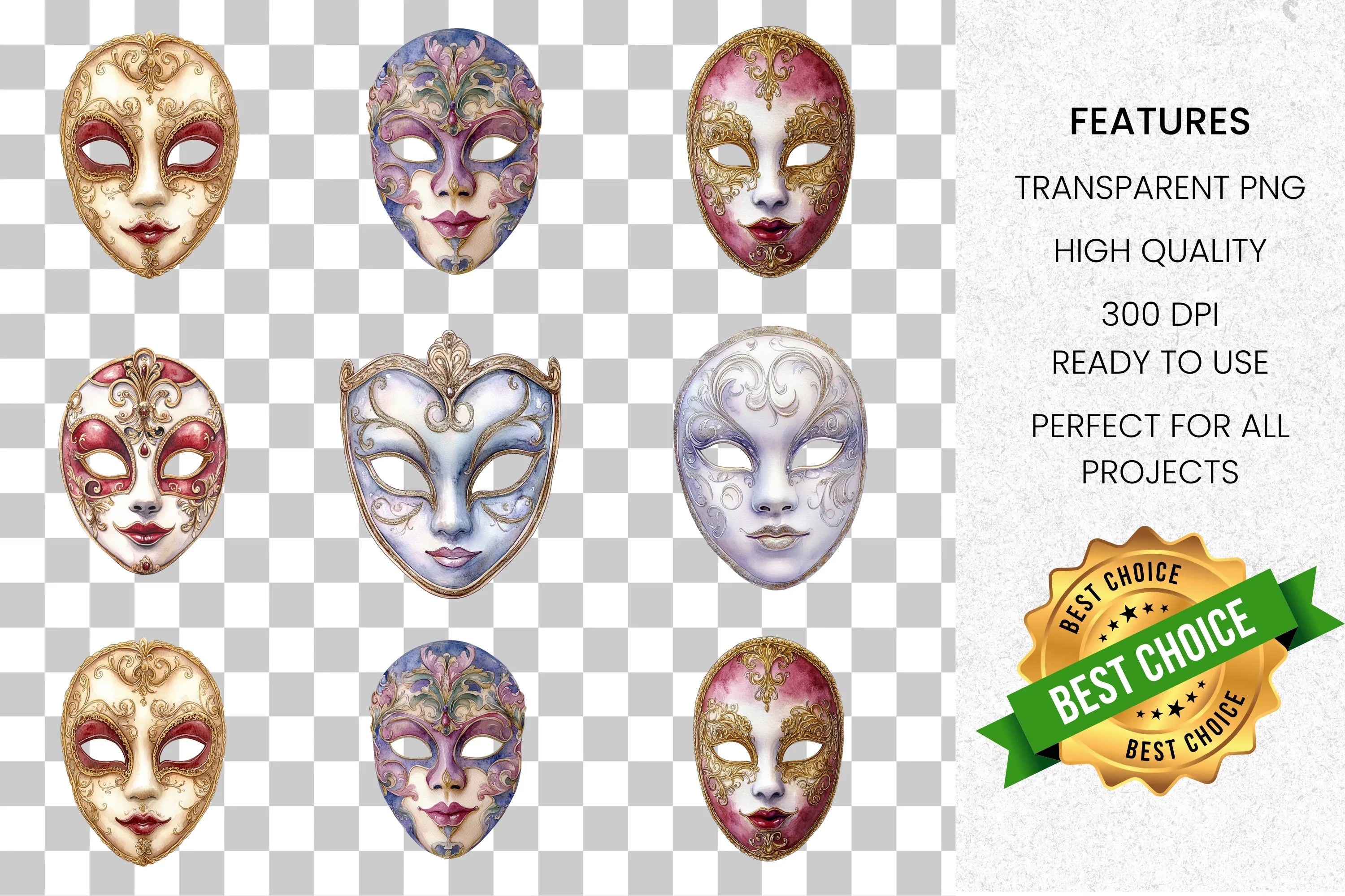 Elegant Venetian Masks Clipart Bundle