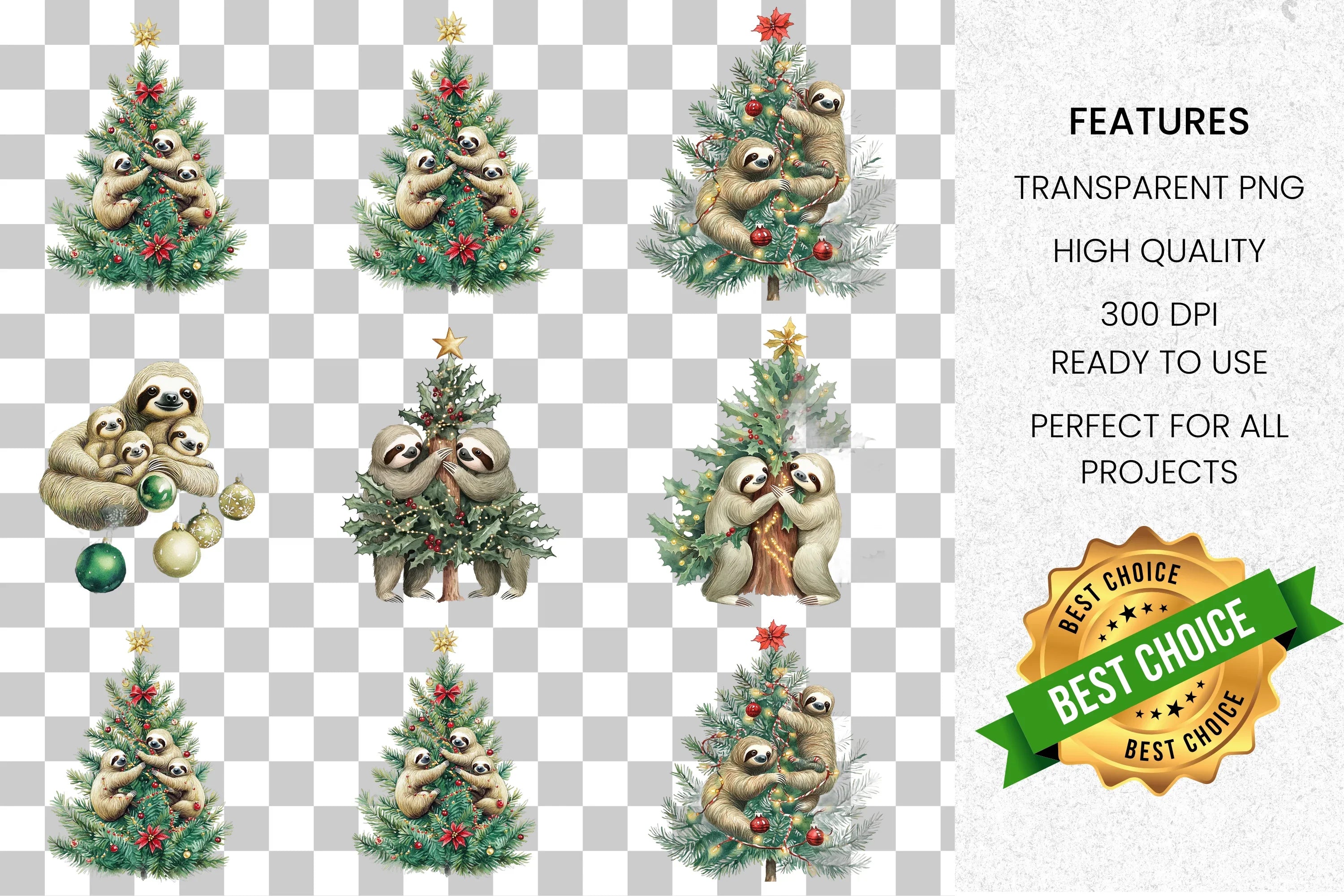 Christmas Sloth Family Clipart Bundle