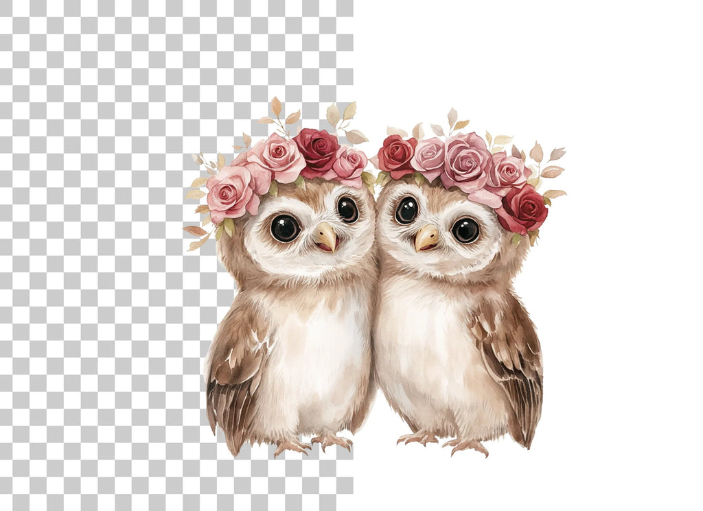 Cute Owl Couples with Flower Crowns Clipart Bundle