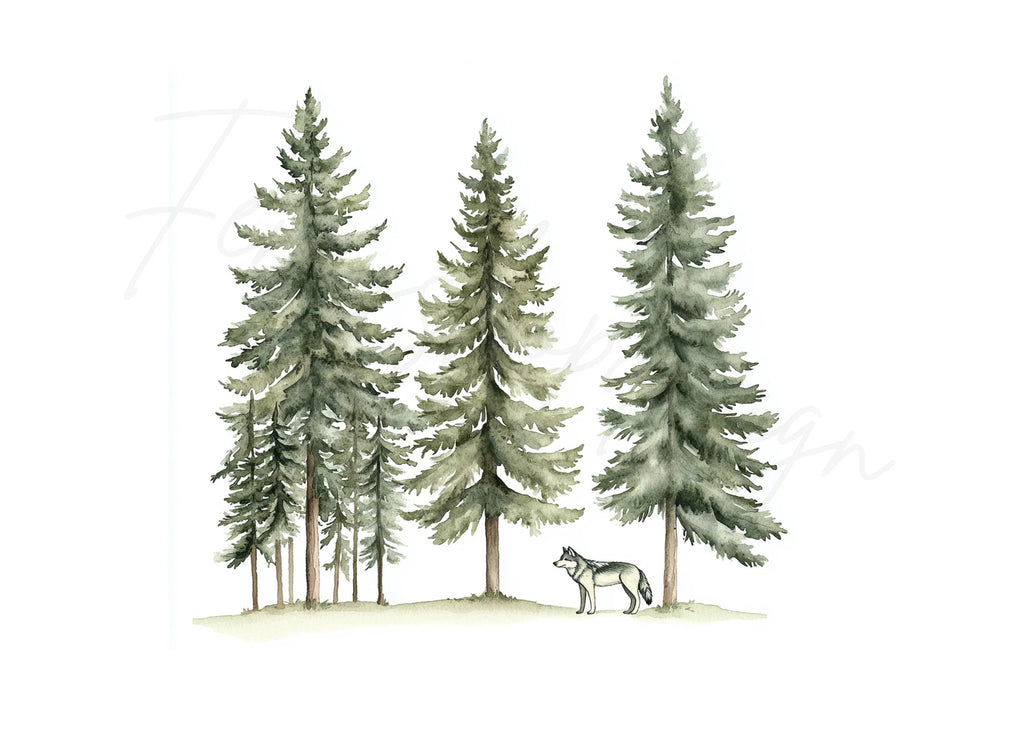 Forest Wolves and Pine Trees Clipart Bundle