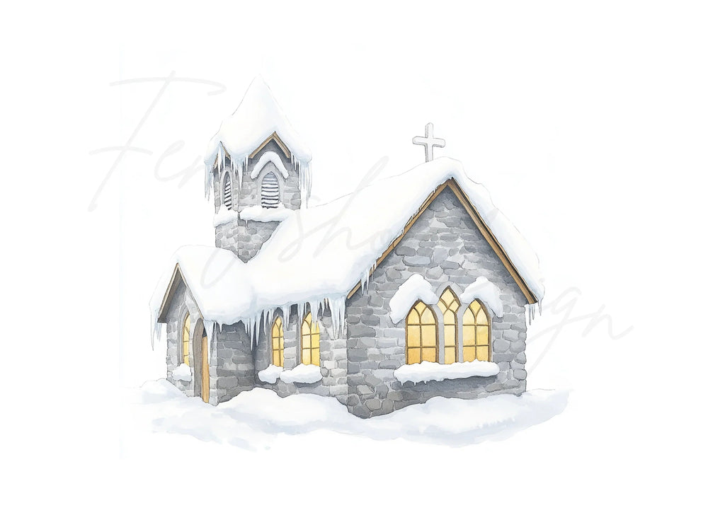 Snow Covered Stone Churches Clipart Bundle