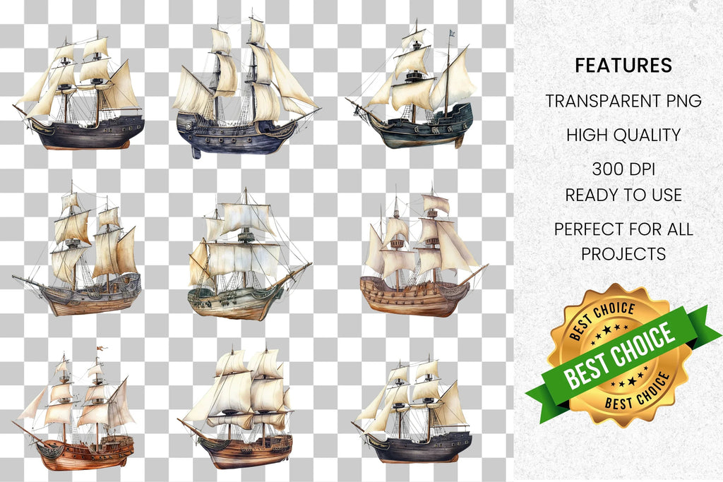 Vintage Sailing Ships Clipart Bundle