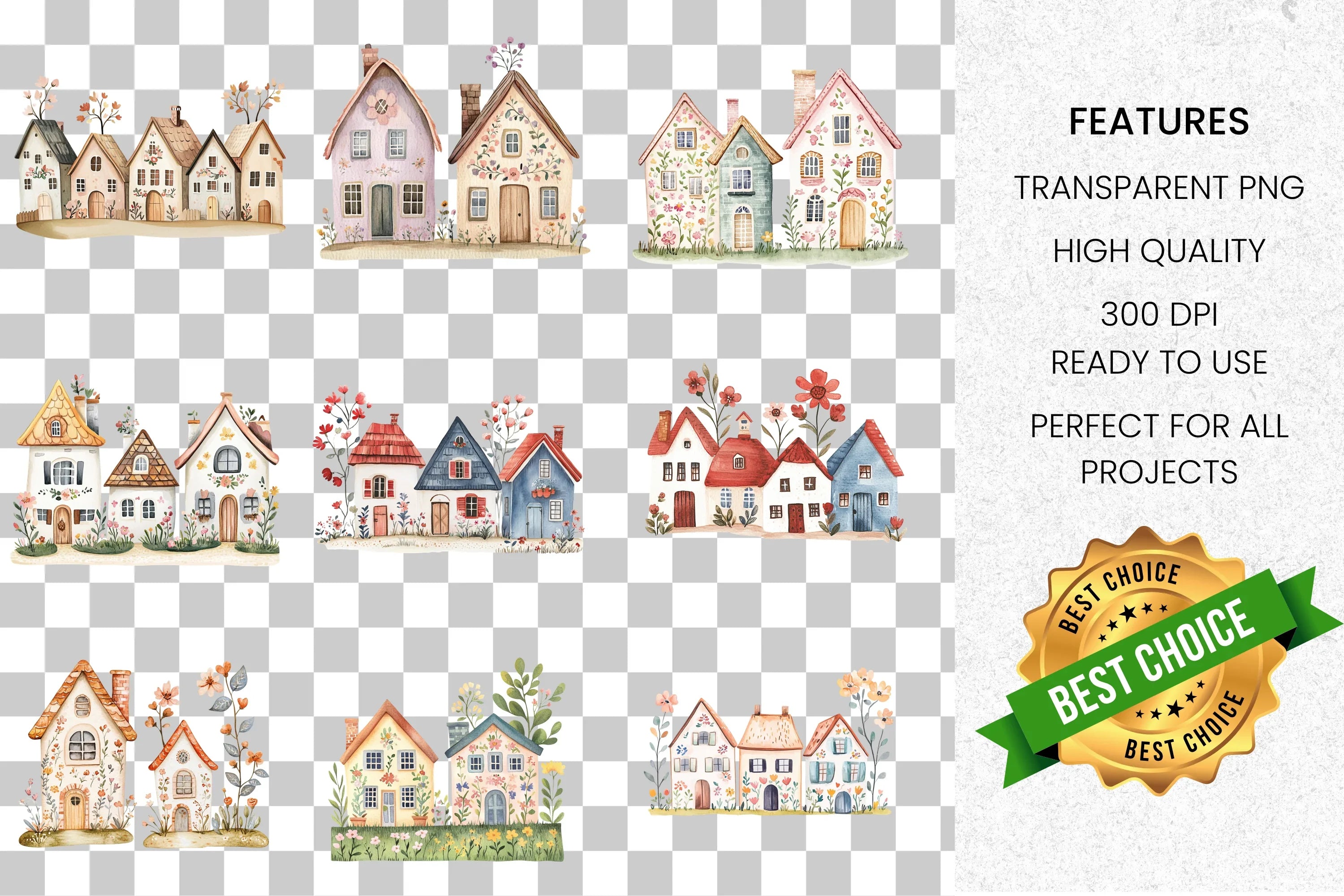 Whimsical Cottage Houses Clipart Bundle