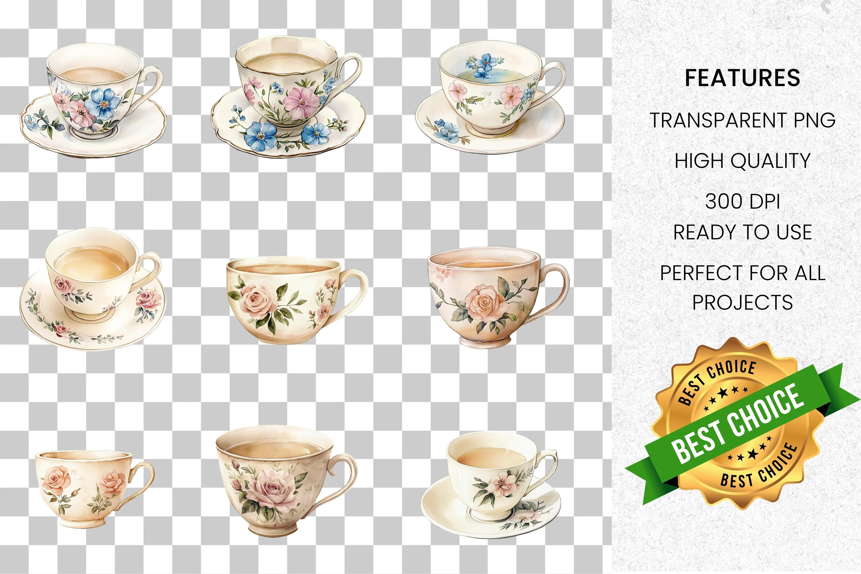 Vintage Floral Teacups Clipart Bundle