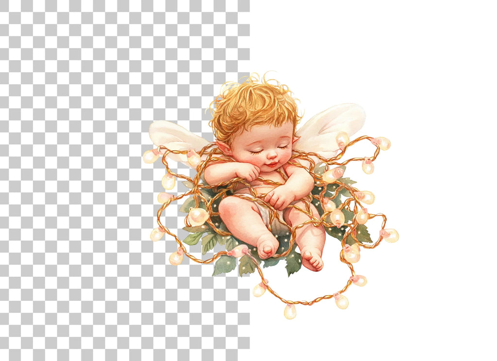 Sleeping Baby Angel with Fairy Lights Clipart Bundle