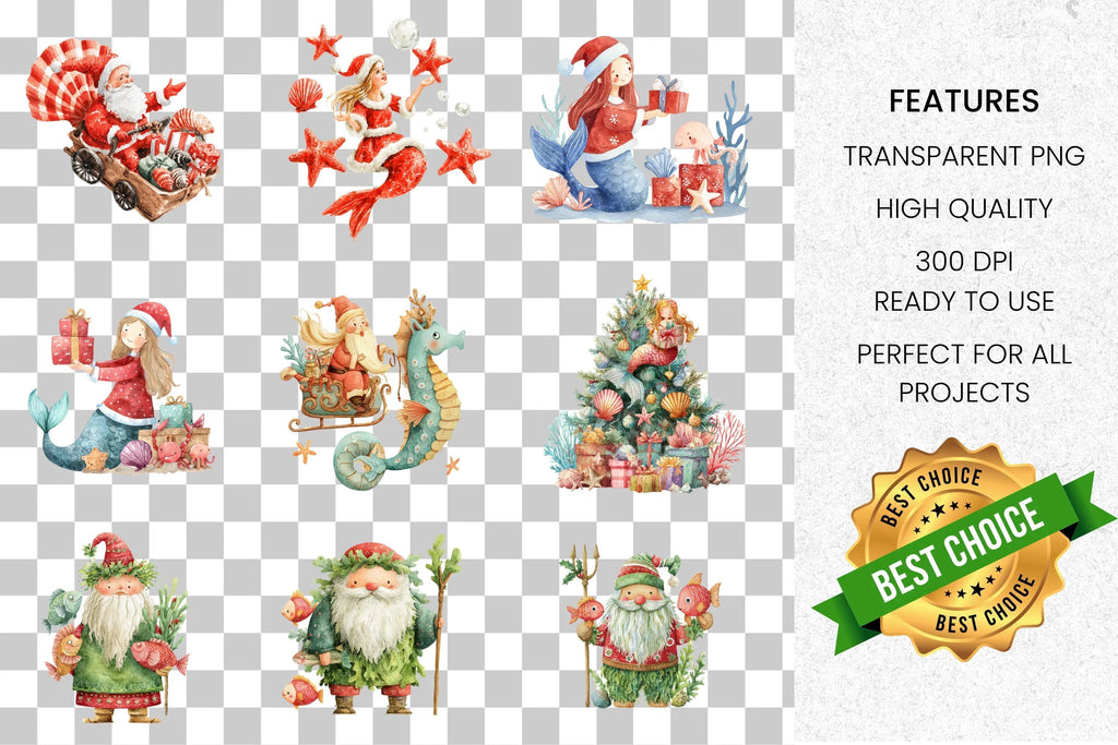 Mermaid Christmas Tree Clipart Bundle
