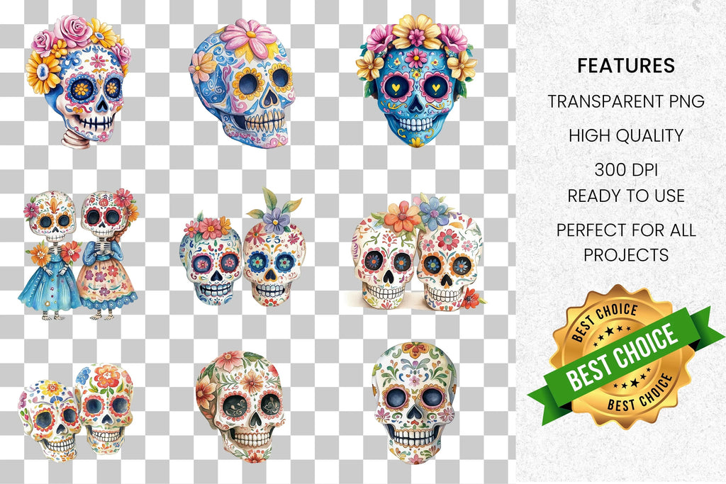 Colorful Sugar Skull Clipart Bundle