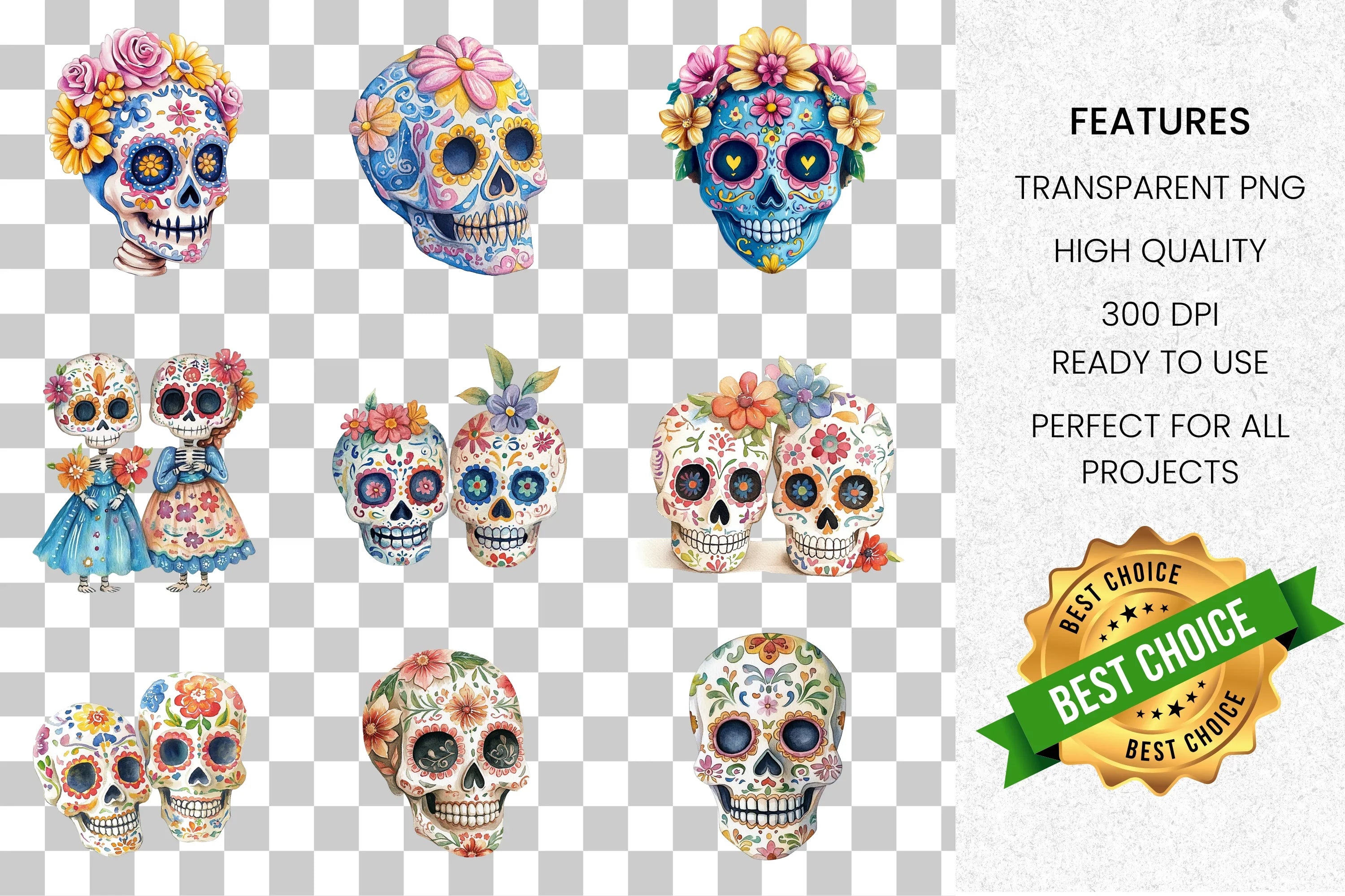 Colorful Sugar Skull Clipart Bundle
