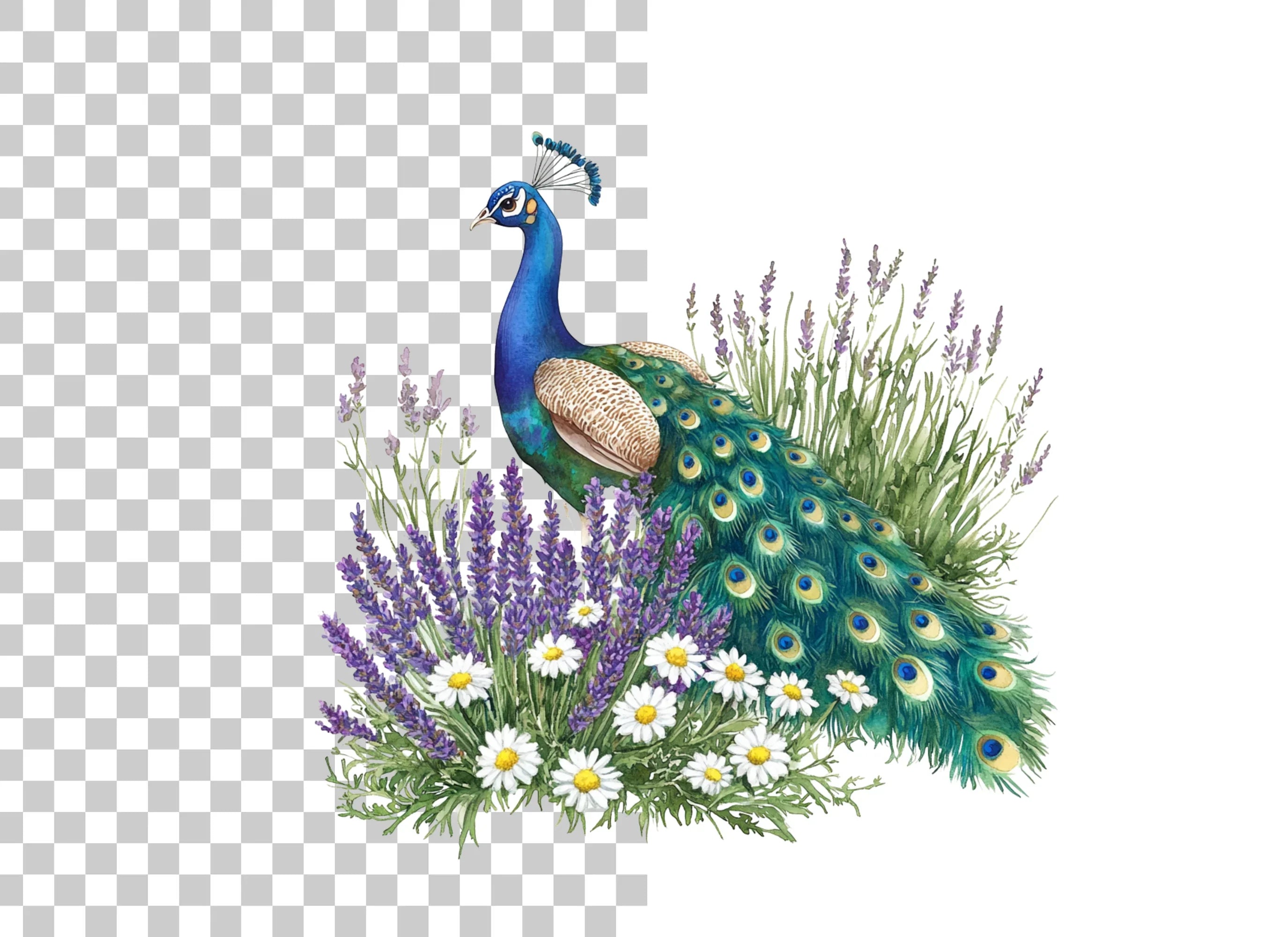 Peacock with Lavender and Daisies Clipart Bundle