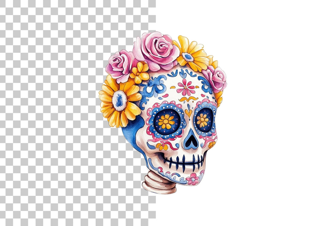 Blue Sugar Skulls with Flowers Clipart Bundle