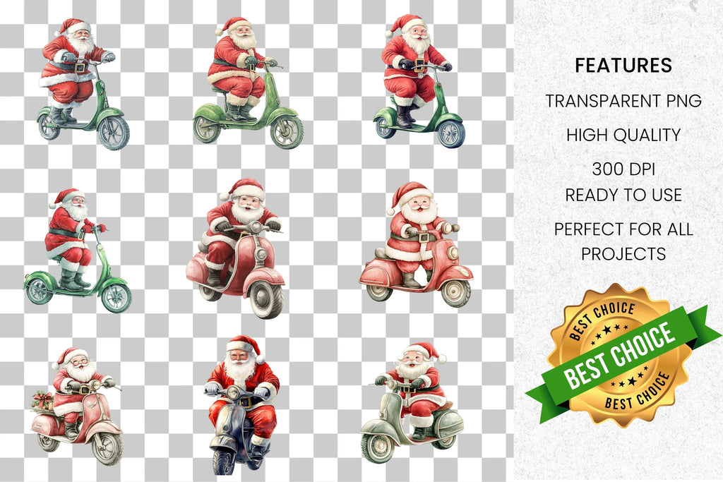 Santa Claus Riding Scooters Clipart Bundle