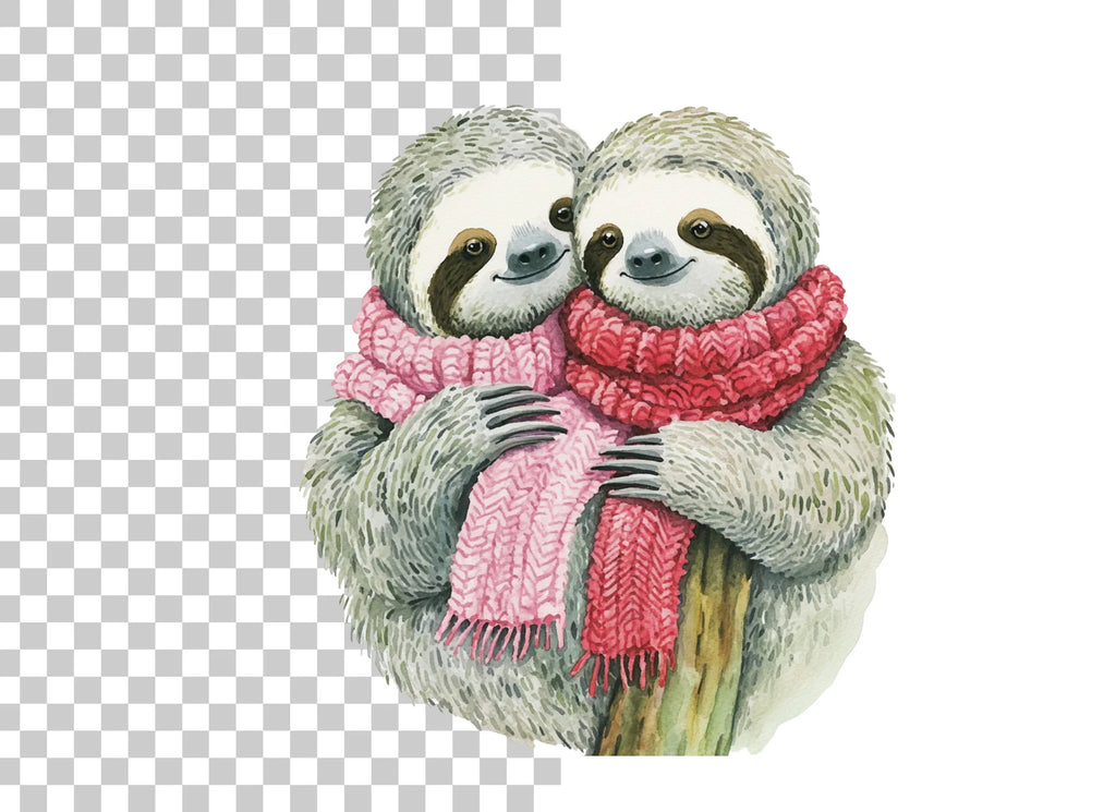 Cute Sloth Couple in Winter Scarves Clipart Bundle