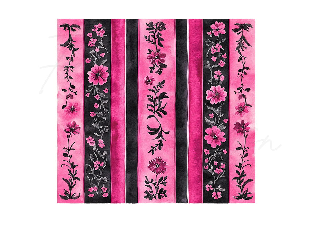 Vibrant Pink Black Floral Stripes Clipart Bundle