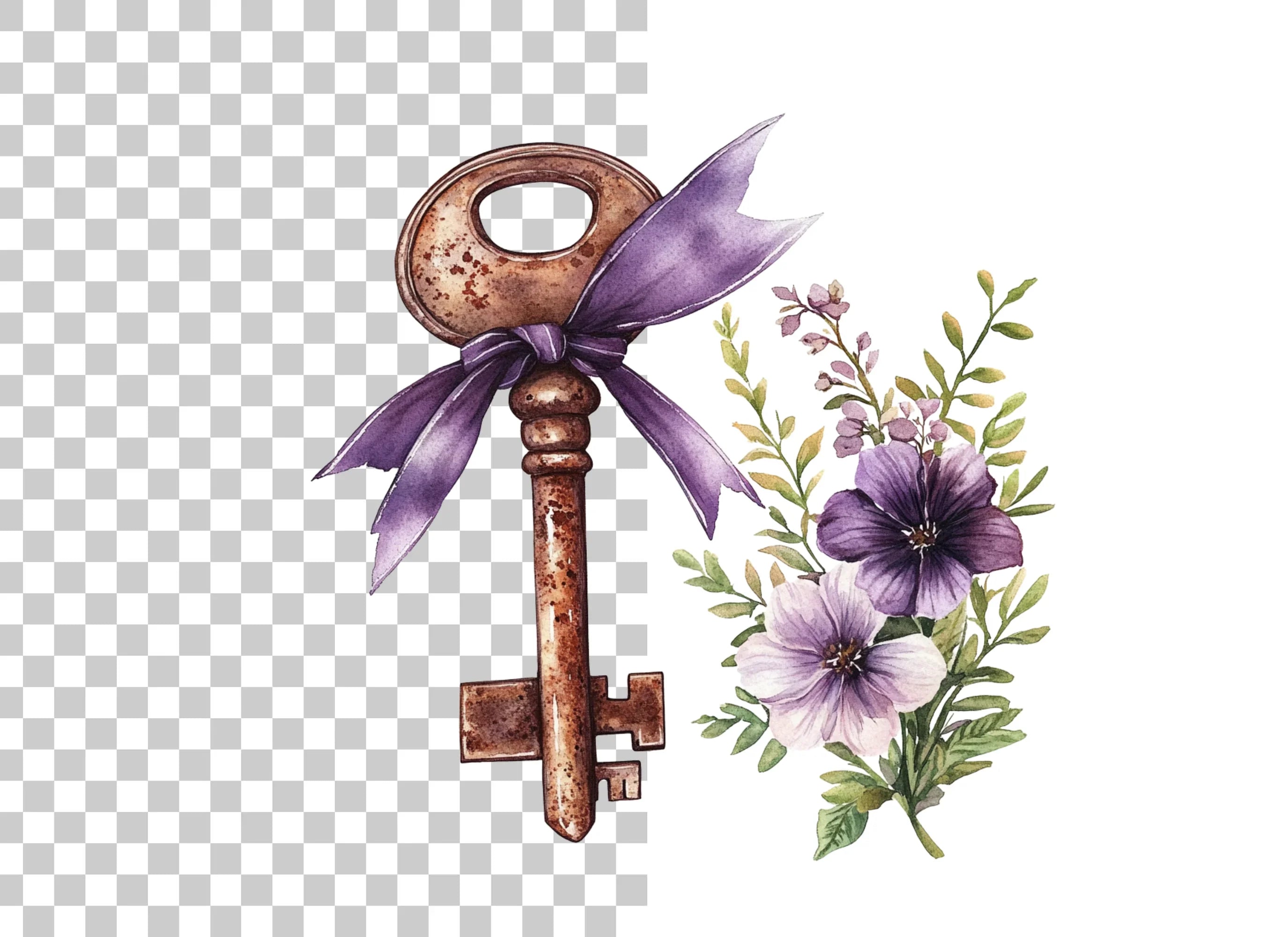 Vintage Keys with Purple Ribbons Clipart Bundle