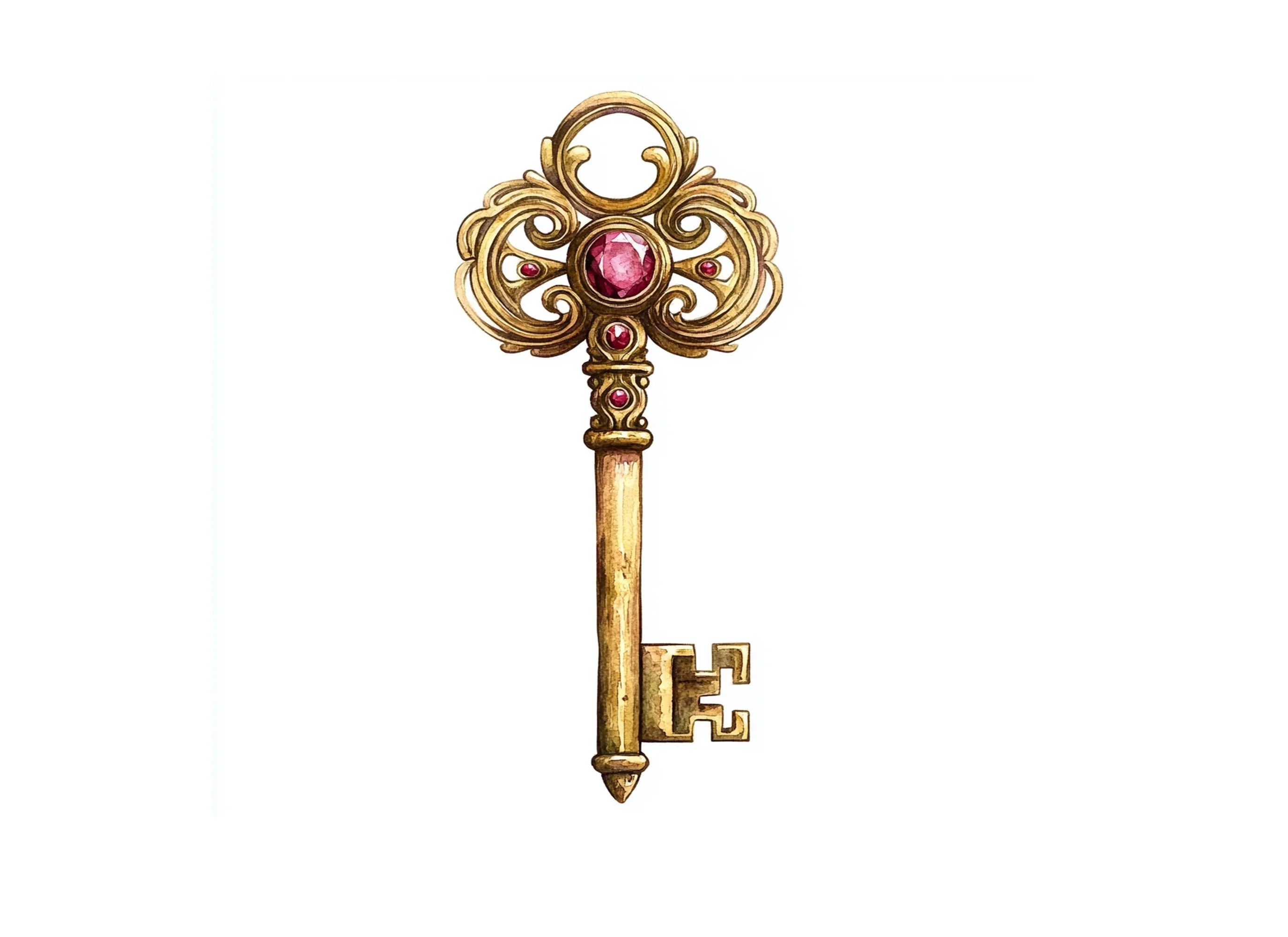 Vintage Golden Keys with Red Jewels Clipart Bundle
