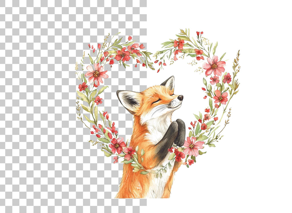 Cute Fox with Floral Heart Clipart Bundle