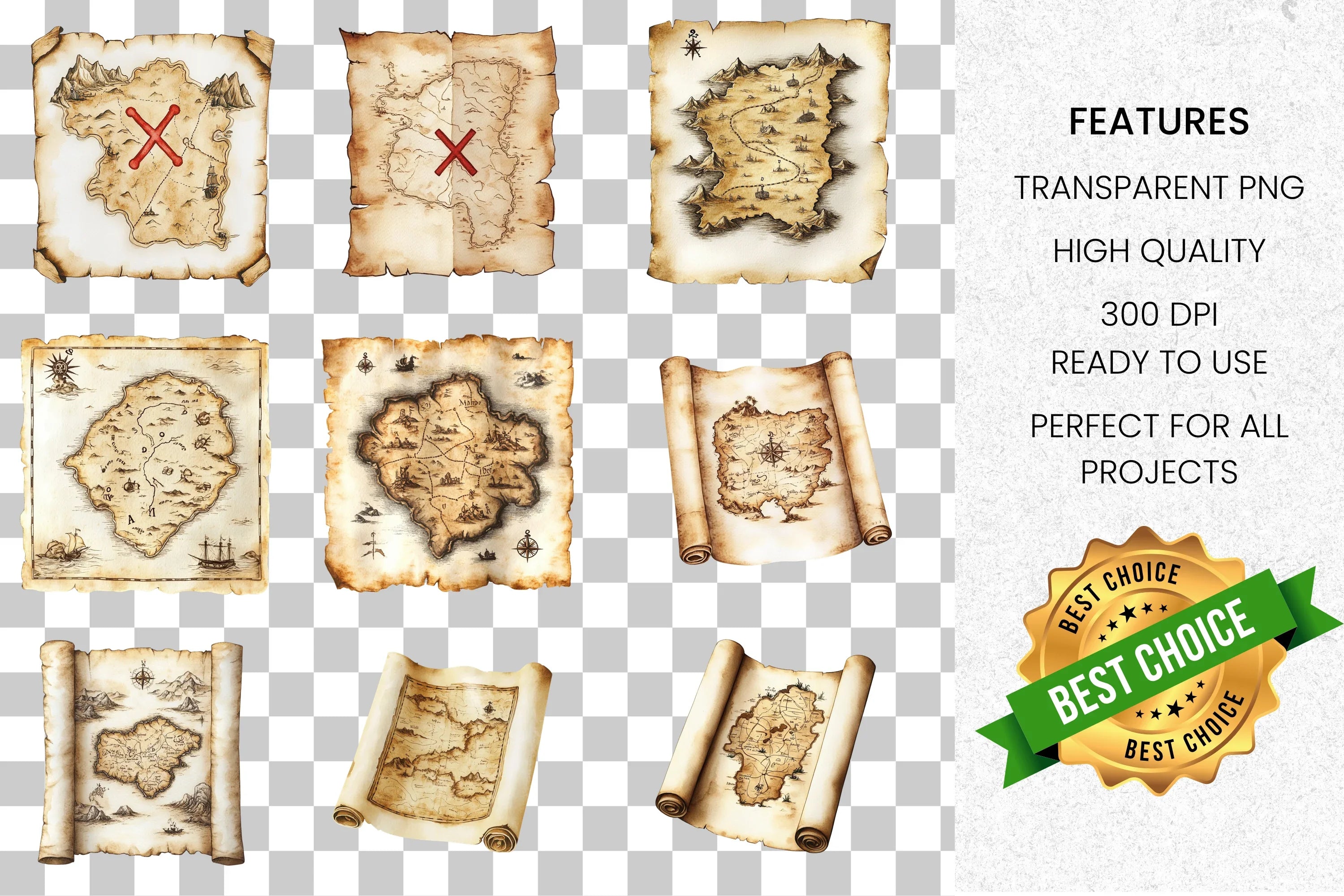 Vintage Treasure Maps Clipart Bundle