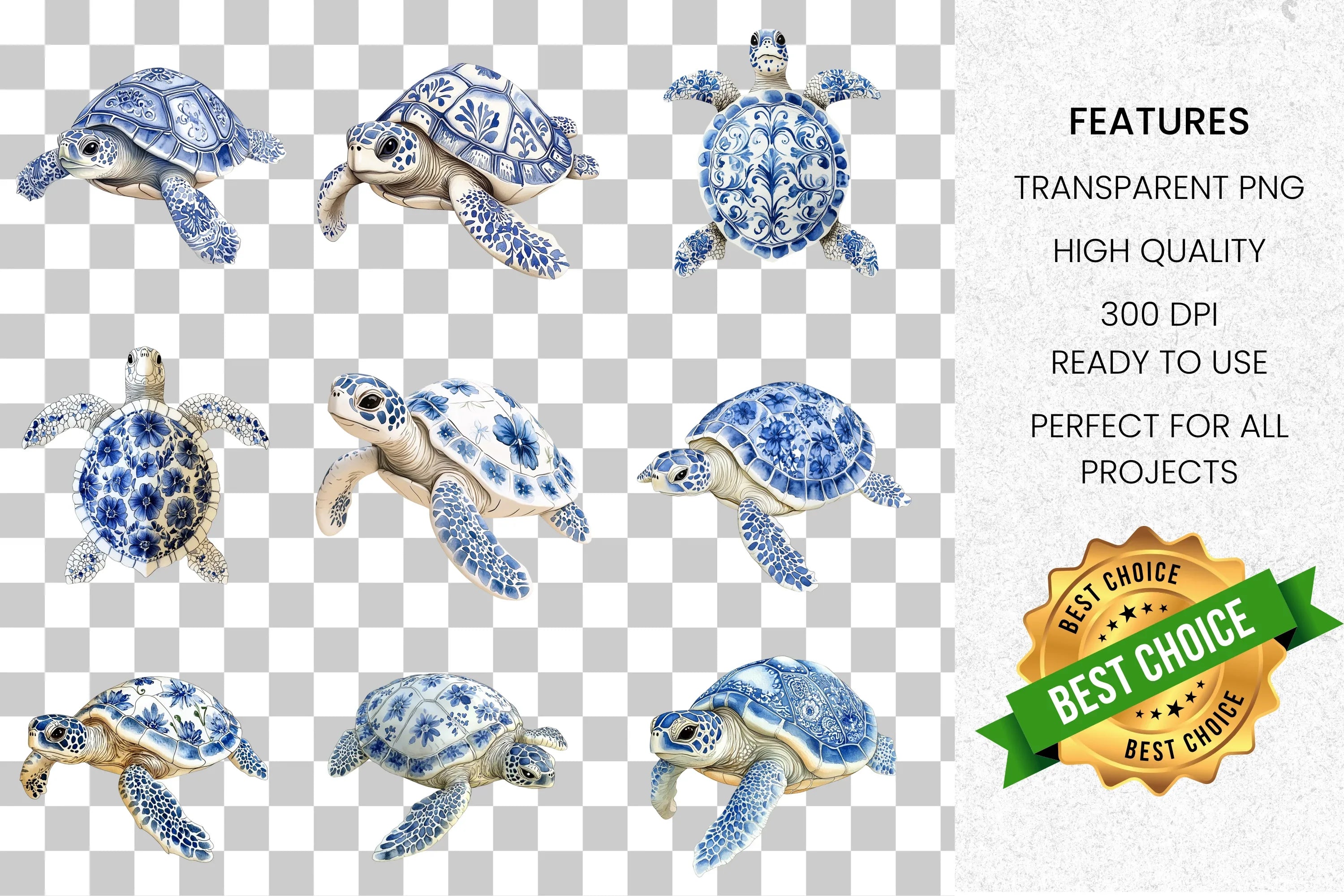 Chinoiserie Delft Blue Turtle Clipart Bundle
