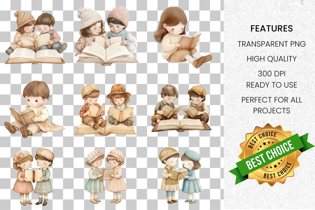 Cute Kids Reading Books Clipart Bundle
