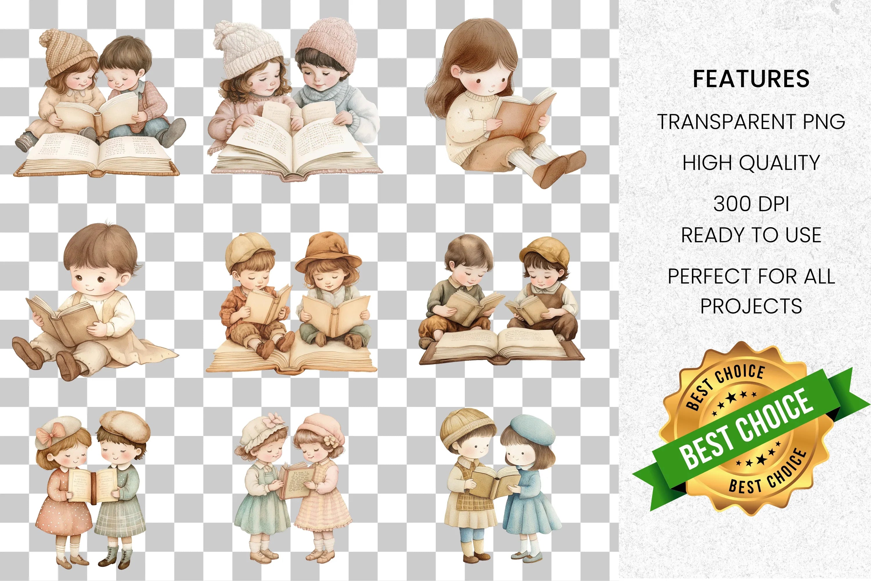 Cute Kids Reading Books Clipart Bundle