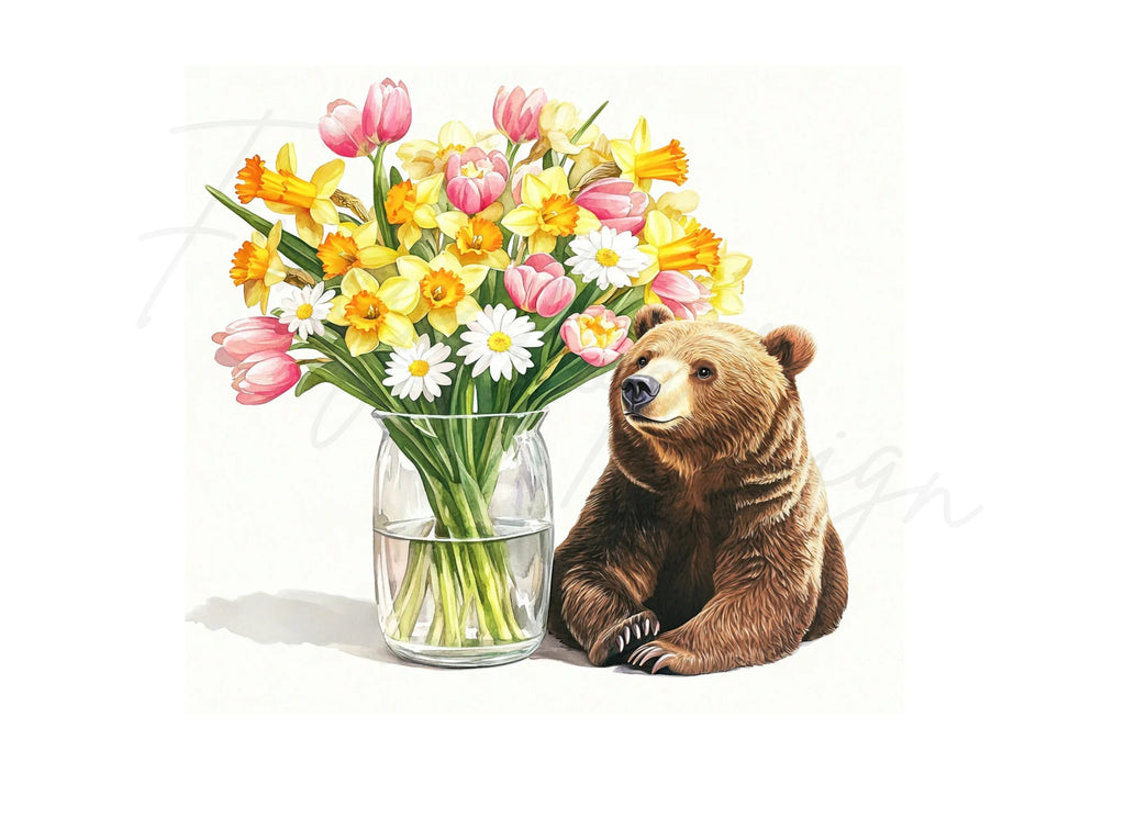 Cute Bears with Spring Flower Bouquets Clipart Bundle