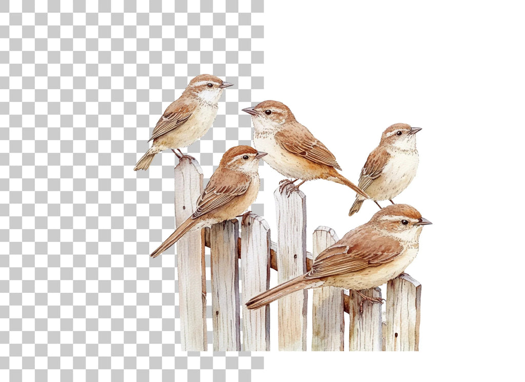 Sparrows on Fence Clipart Bundle