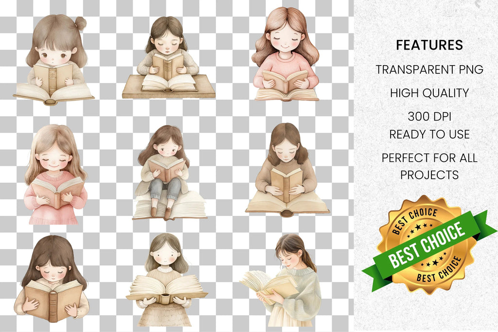 Cozy Girls Reading Books Clipart Bundle