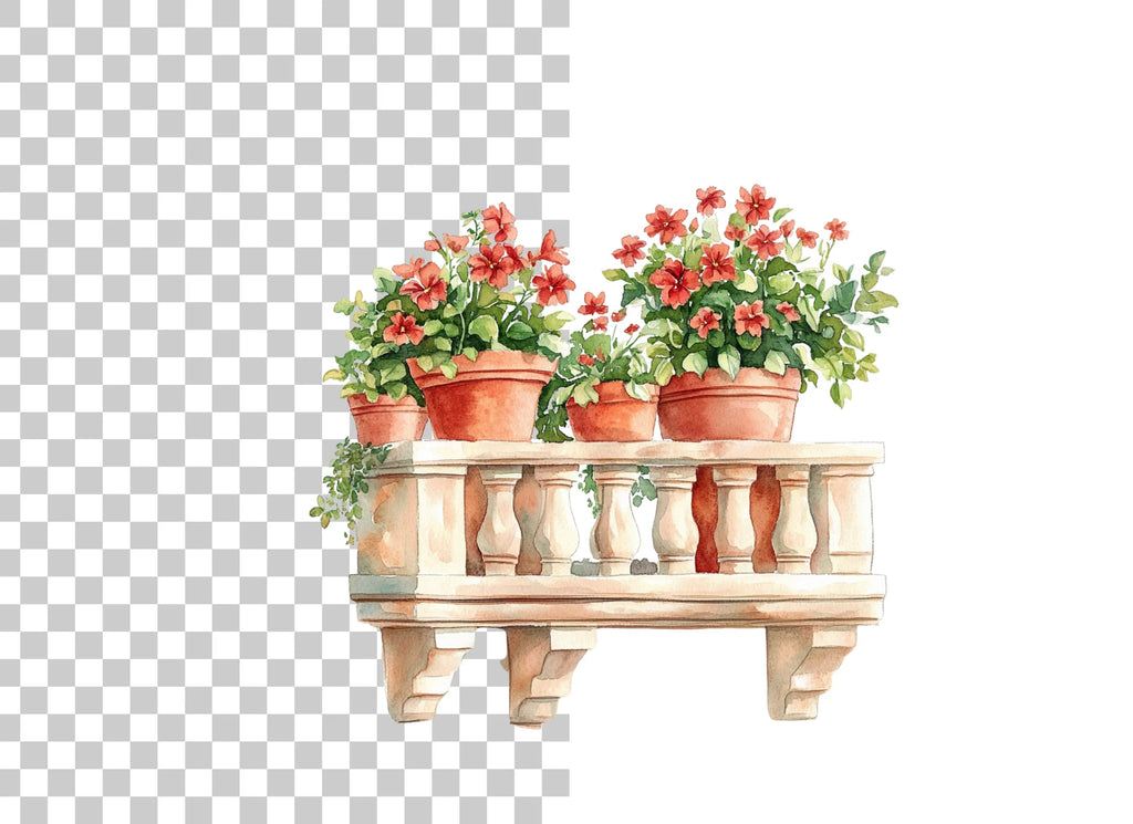 Balcony with Red Geraniums Clipart Bundle
