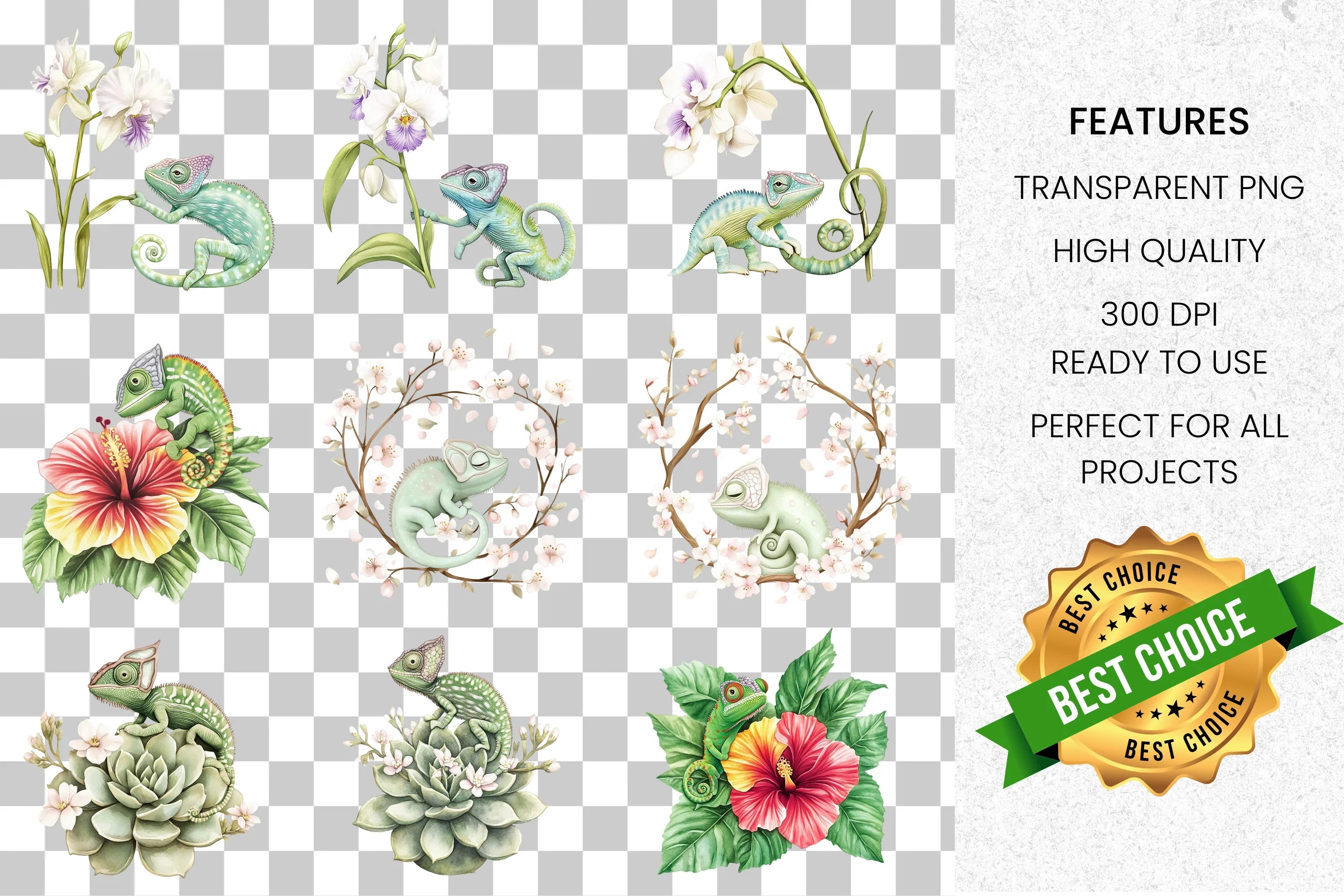 Chameleon Floral Clipart Bundle