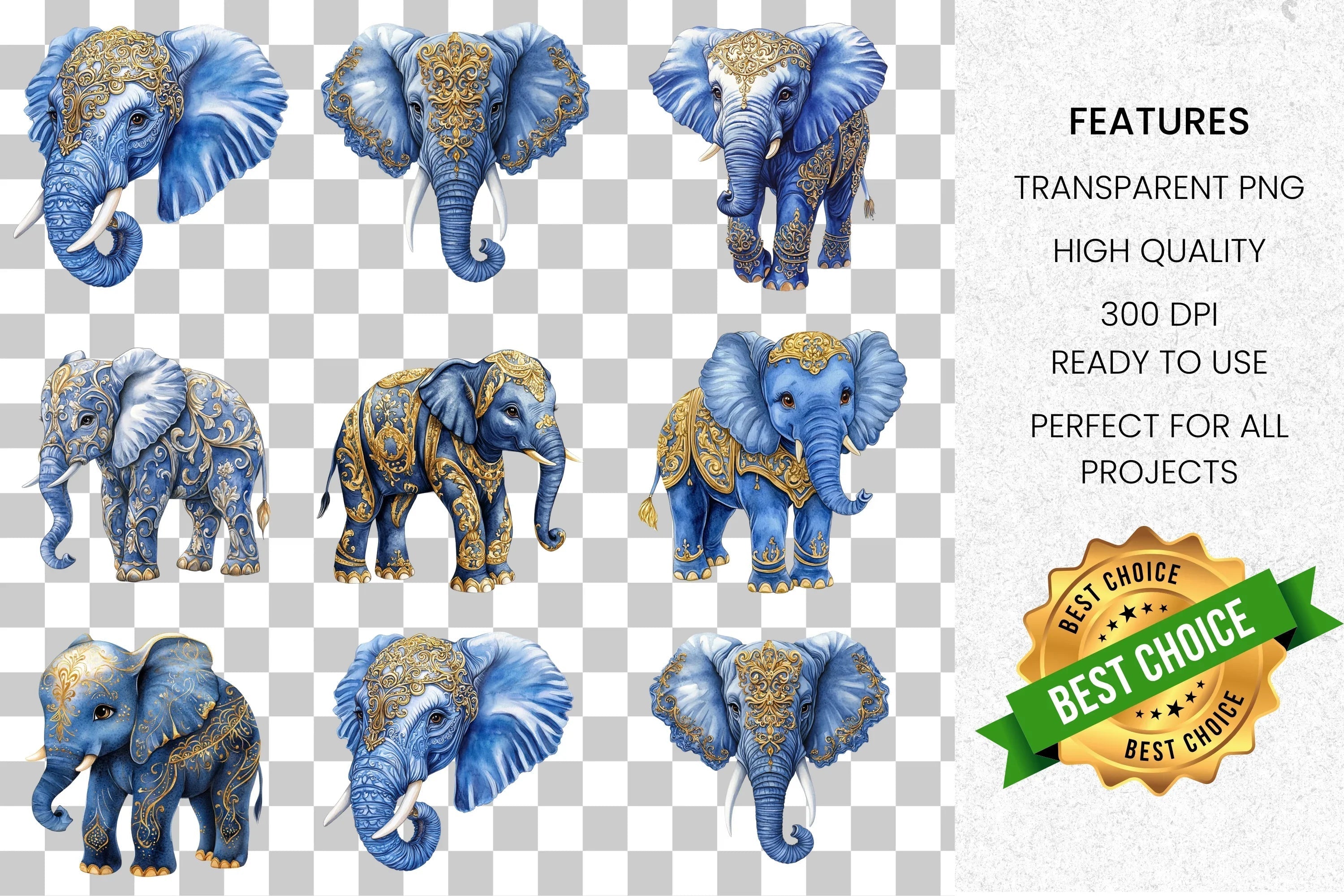 Majestic Blue Gold Elephant Clipart Bundle