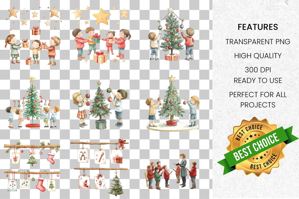 Kids Decorating Christmas Tree Clipart Bundle