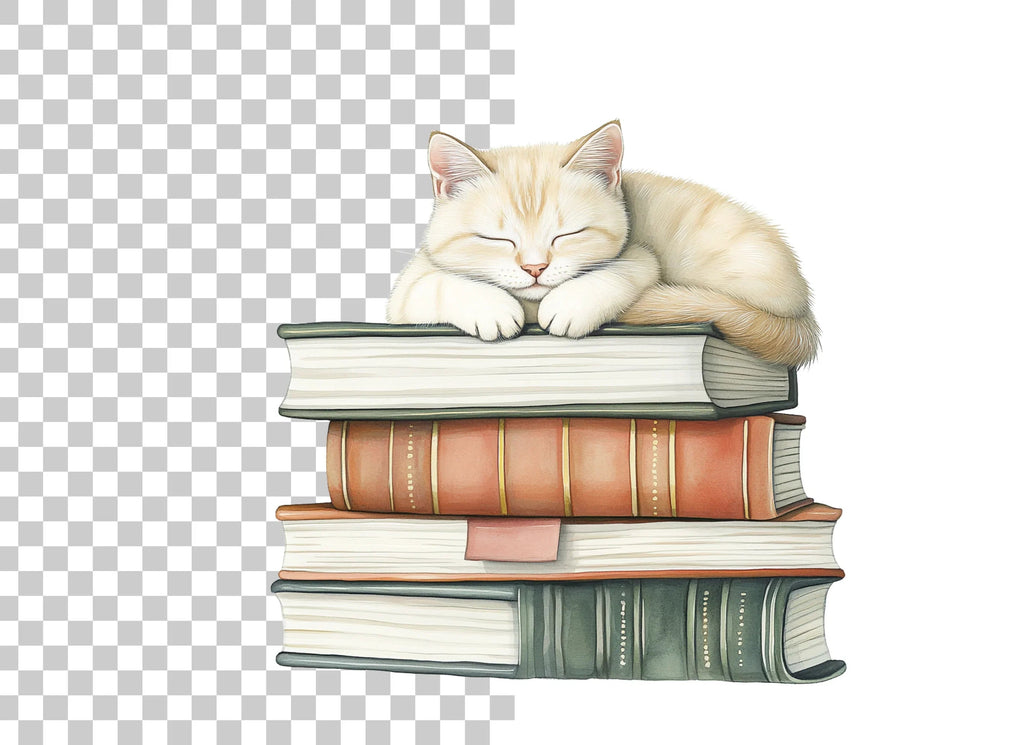 Sleeping Cats on Books Clipart Bundle