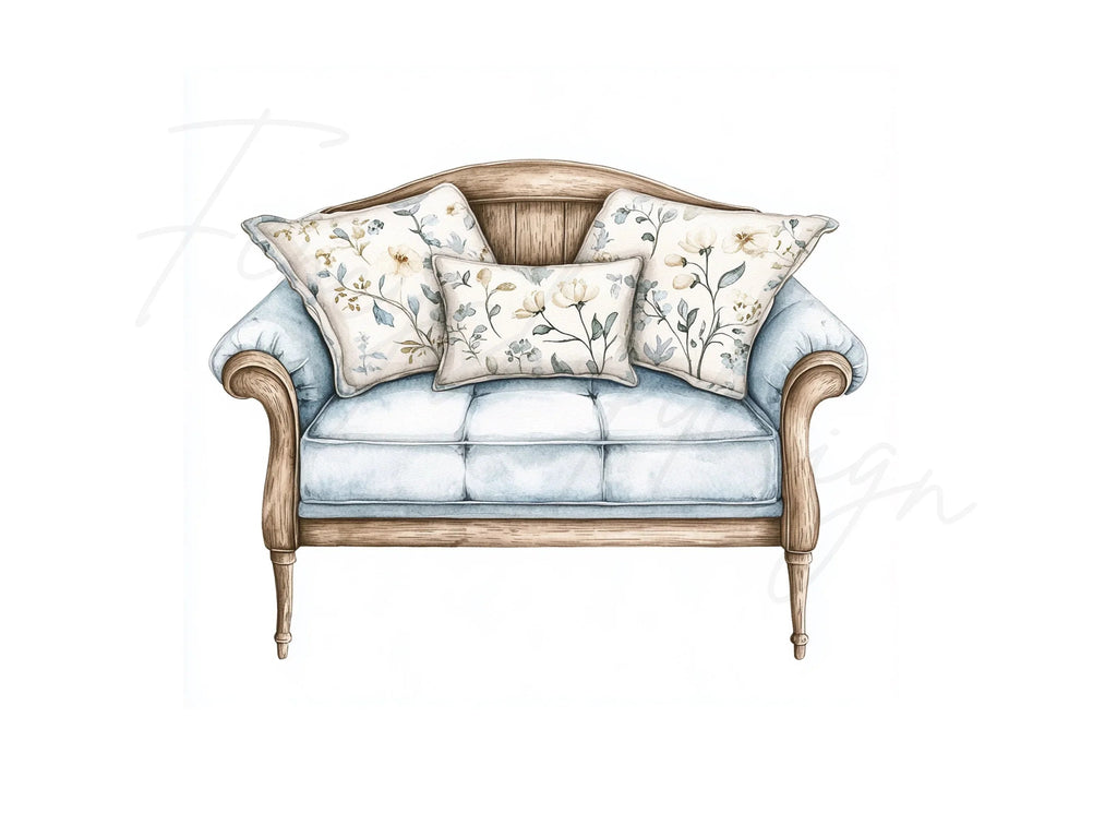 Elegant Blue Floral Sofa Clipart Bundle