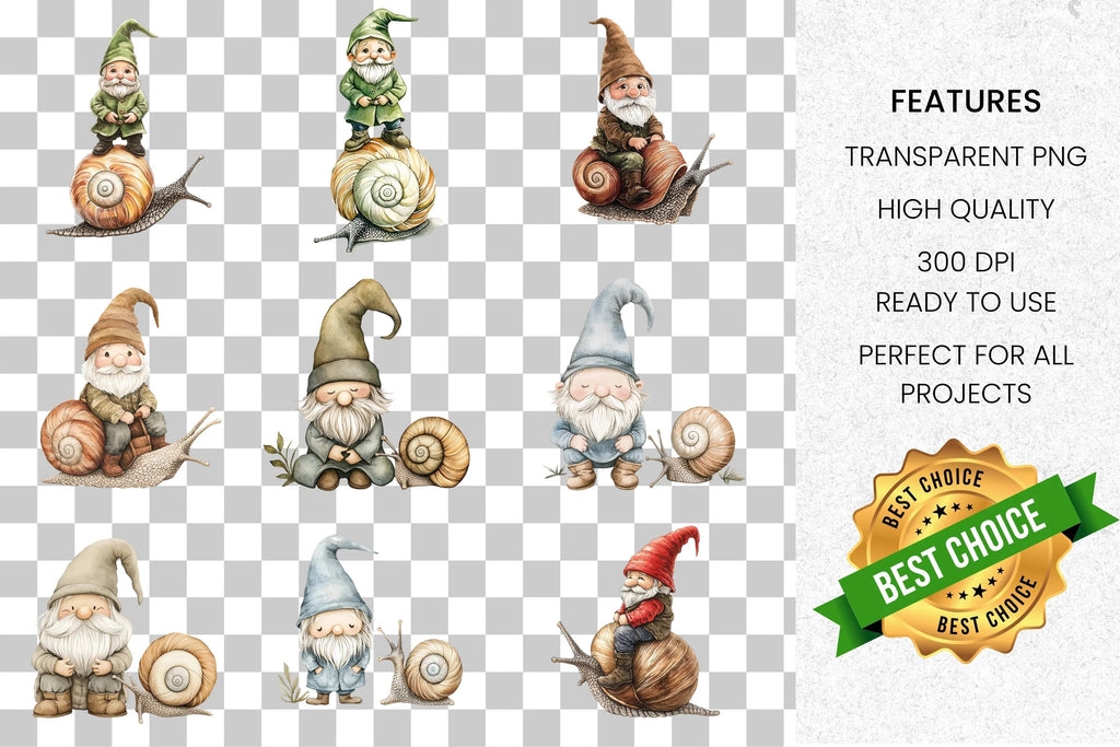 Whimsical Gnomes and Snails Clipart Bundle