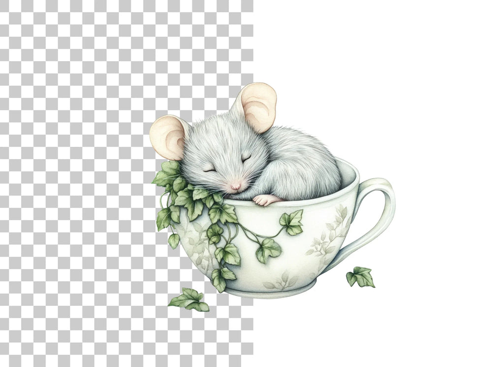 Sleeping Mouse in Teacup Clipart Bundle