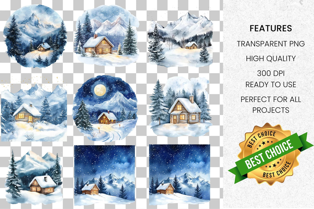 Winter Cabin Clipart Bundle