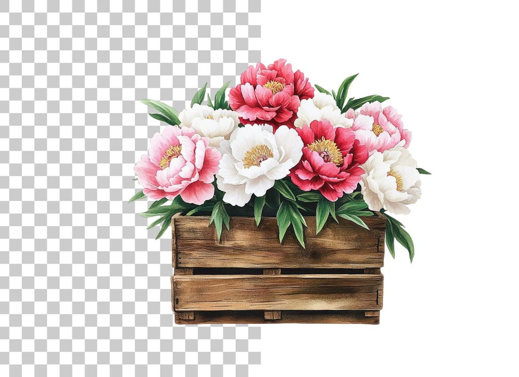 Peony Bouquets in Rustic Wooden Crates Clipart Bundle