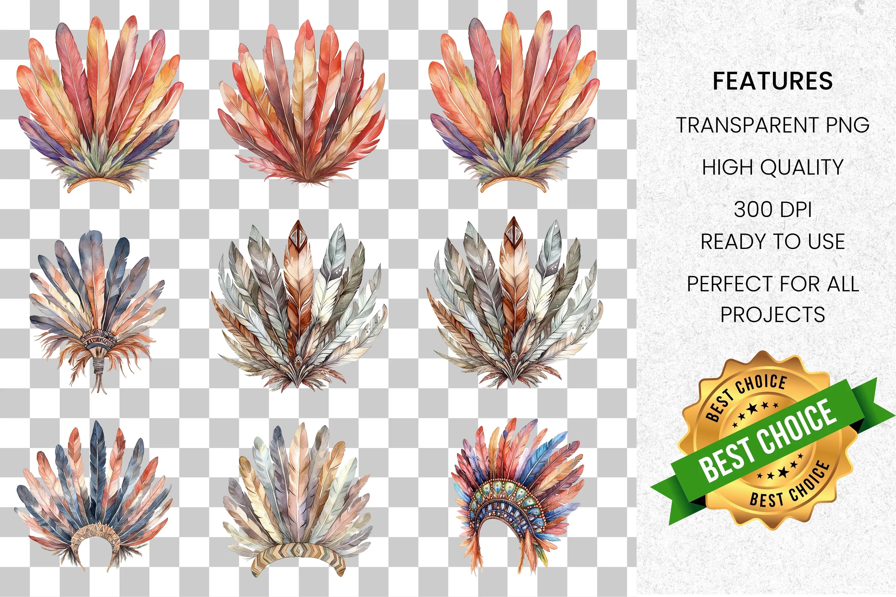 Boho Feather Headdress Clipart Bundle