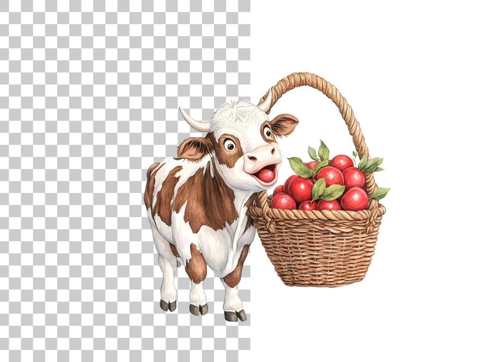 Cute Calf with Apple Basket Clipart Bundle