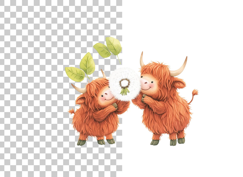 Cute Highland Cows with Dandelion Clipart Bundle