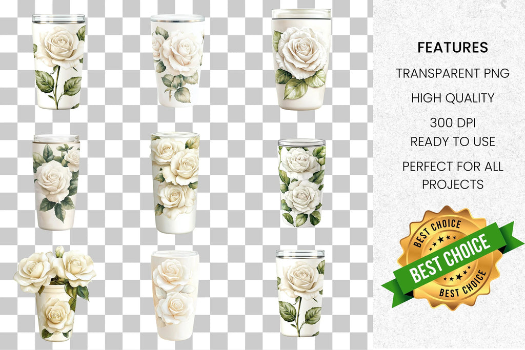 Elegant White Rose Tumbler Clipart Bundle