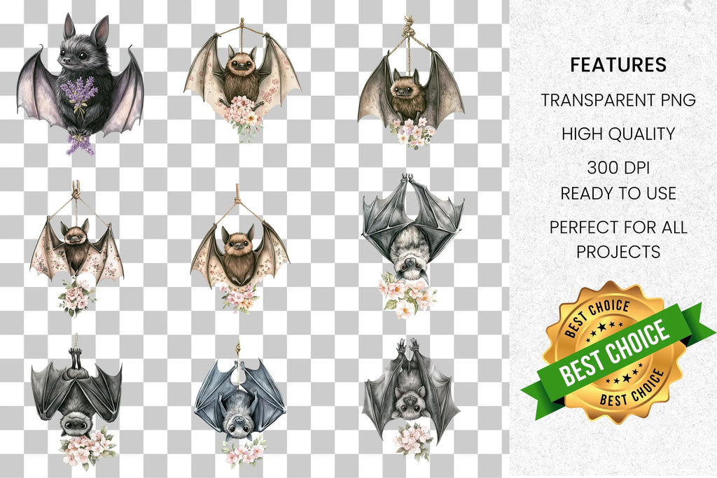 Whimsical Bat Floral Accents Clipart Bundle