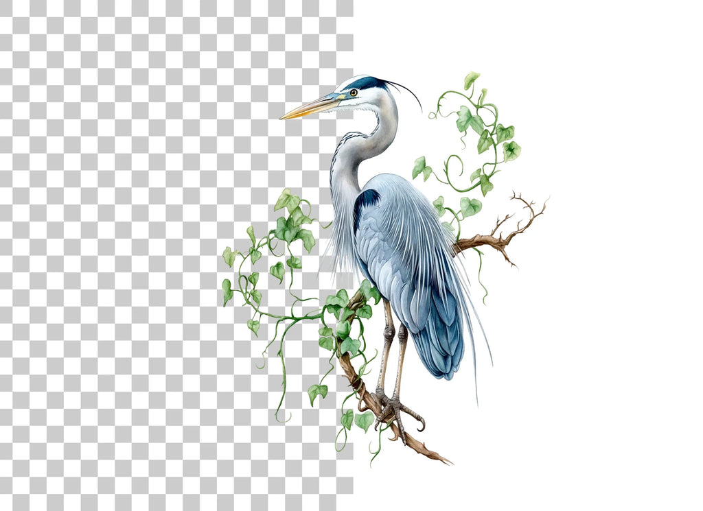 Heron on Branch with Green Leaves Clipart Bundle