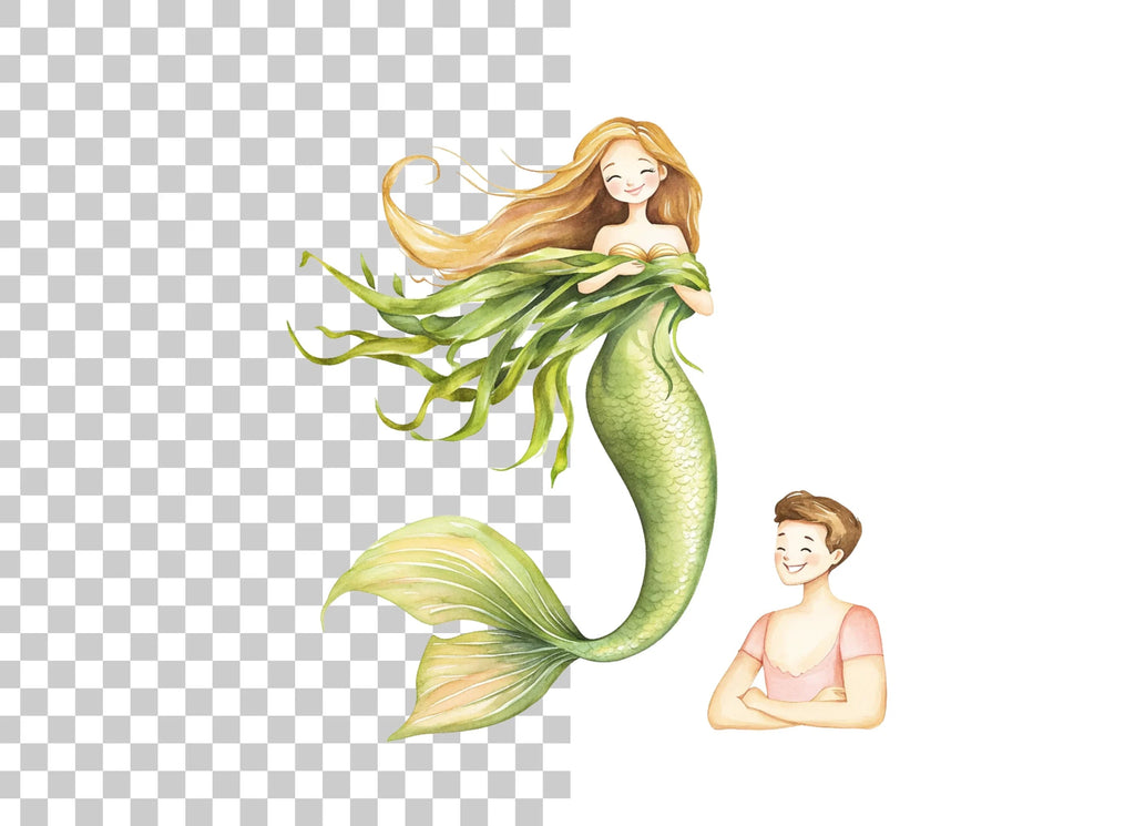 Green Mermaids and Human Kids Clipart Bundle