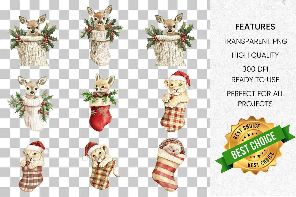 Cute Christmas Animals in Stockings Clipart Bundle