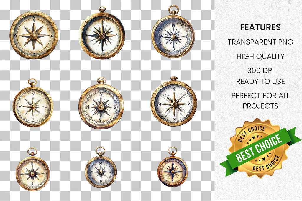 Antique Compass Nautical Clipart Bundle