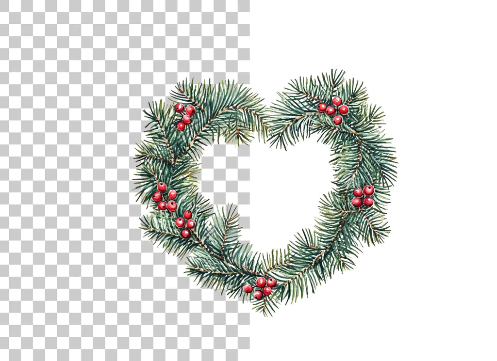 Heart Shaped Pine Wreath with Berries Clipart Bundle