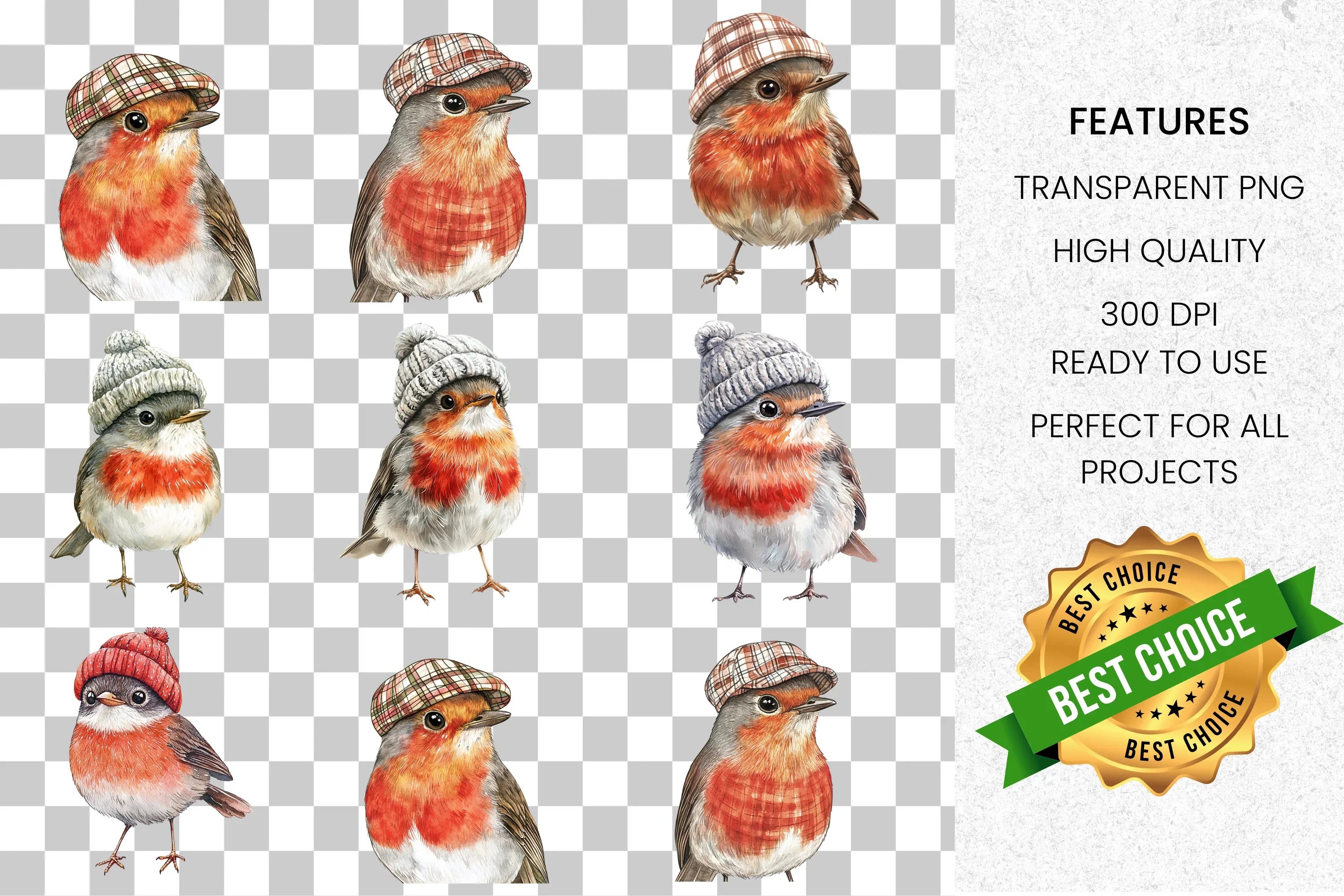 Cozy Christmas Robin Bird Clipart Bundle
